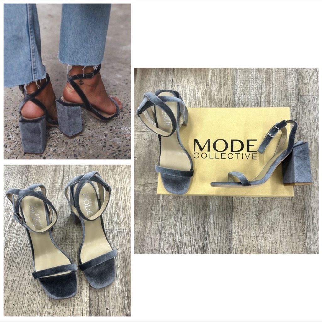 Nib: Mode Collective Block Party Sandal, Open Toe Heels In Velvet Charcoal Sz 37